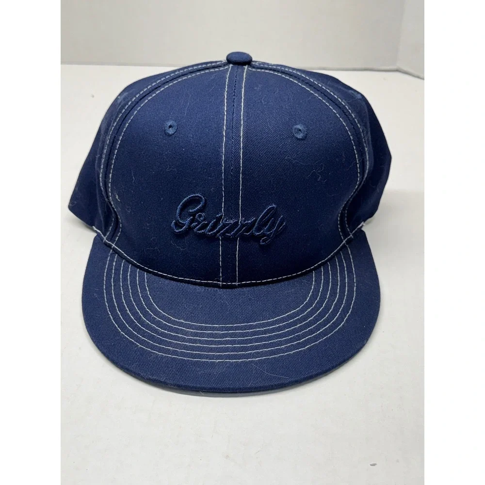 Grizzly Griptape Navy Blue Snapback Hat White Contrast Stitch Script Logo Hat